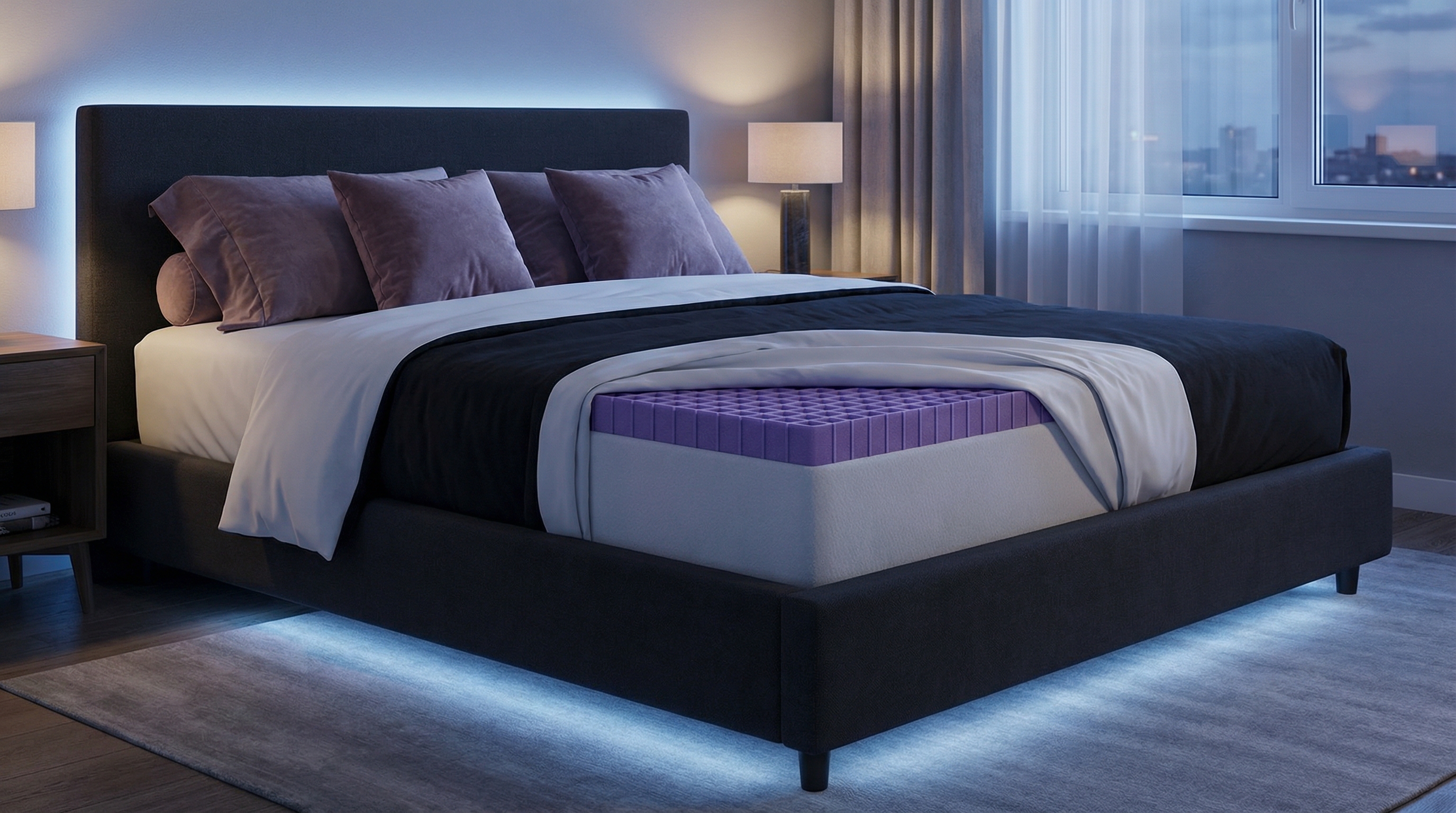 Purple GelFlex Grid mattress in a modern bedroom with purple accent pillows
